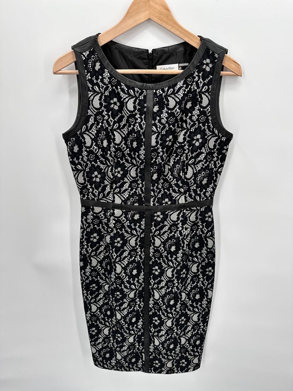 CALVIN KLEIN Black Lace Faux Leather Trim Pencil Dress // 4